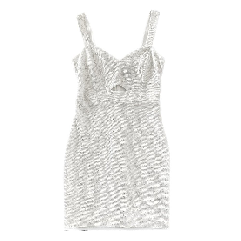 GUESS White + Silver Jacquard Printed Bodycon Dress with Cutout - Women's Size 6